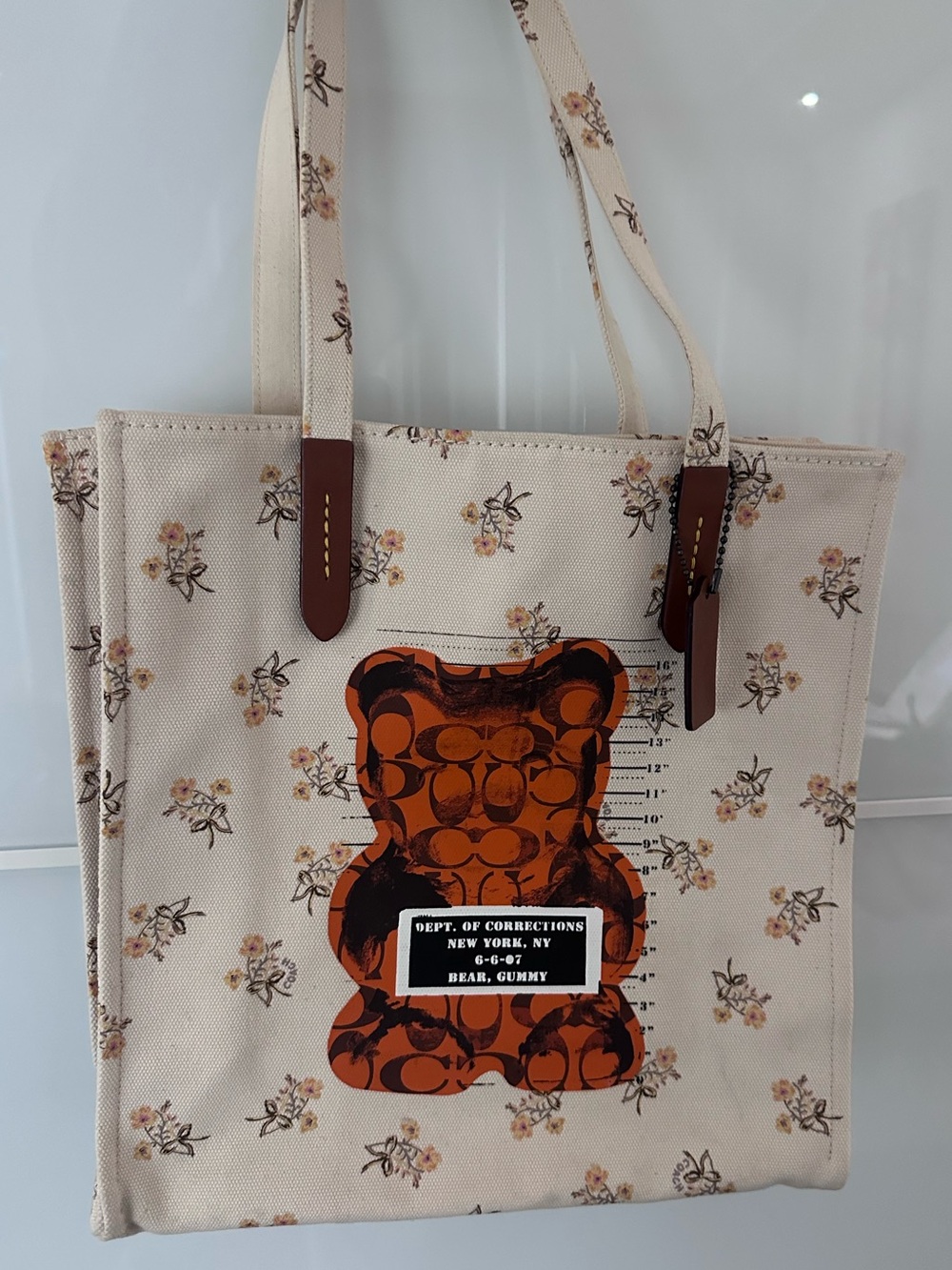 Canvas Vandal Floral Tote with Orange Bear Graphic